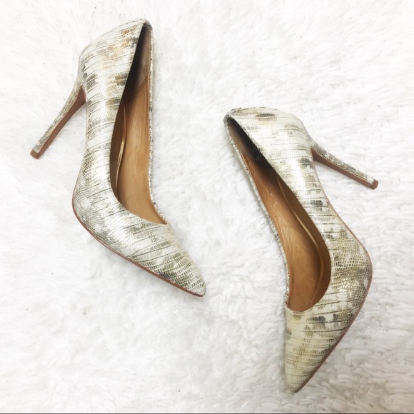 Coach Shoes - COACH Gold White Python Leather Harlee Heel Pumps